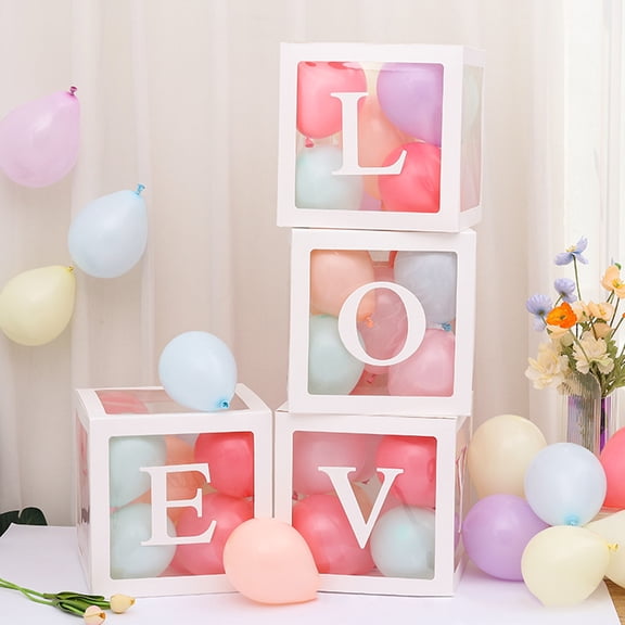 sunsanly 4 Pcs Balloon Box DIY Assembly Transparent Paper Box Balloon Box with Letters Reusable Stackable Cube Decorative Box for Party Wedding Birthday
