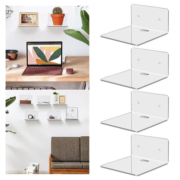 sunsanly 4Pcs L-Shaped Acrylic Floating Shelf Wall Mounted Rack Strong Load-bearing Smooth Edge Easy to Install Clear Photo Picture Book Display Stand