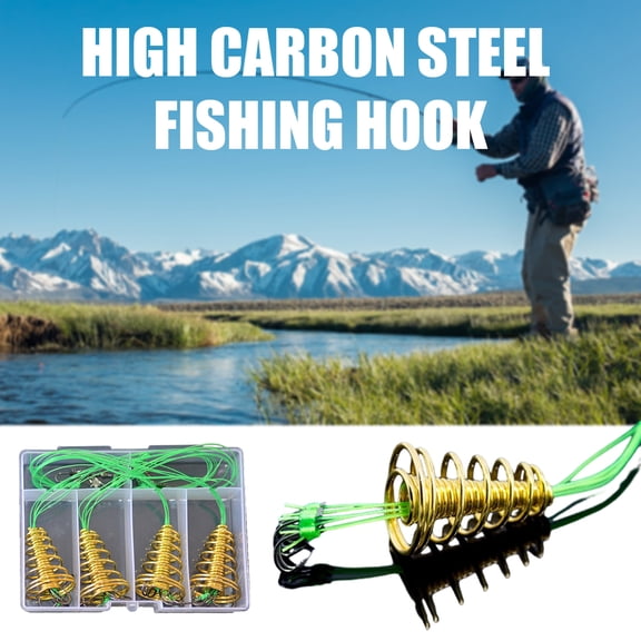 sunsanly 4Pcs/Set Trap Fishing Hook with Spring Carp Feeder Tangle-Free Heavy Duty Green Line Metal Barbed Fish Hook Rig Carp Fishing Accessories