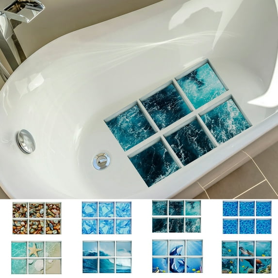 sunsanly 6Pcs/Set Non-Slip Bathtub Sticker Waterproof PVC Removable Frosted Ocean Theme Safety Bathroom Tub Shower Treads Adhesive Decoration Decal