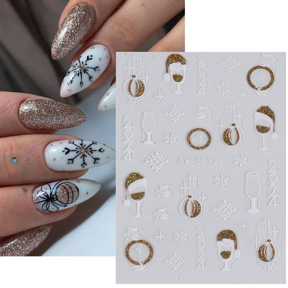 sunsanly 8Pcs Christmas Nail Art Stickers Ultra-thin Self-Adhesive Snowflake Star Tree Wine Cup Line Decals DIY Manicure Tips Nail Adhesive Decoration for Women Girls Nail Design Supplies
