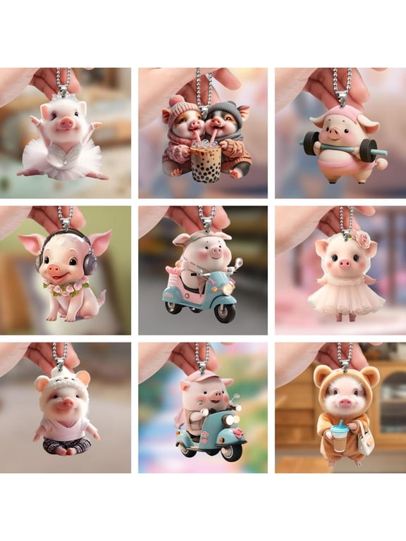 Acrylic Cartoon Pig Hanging Decoration with Bead Chain Car Rearview Mirror Pig Ornament Keychain Backpack Animal Pendant Birthday Gift
