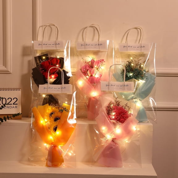 sunsanly Artificial Flower with Bag Glowing Romantic Mother's Day Gifts Realistic Fake Rose Dried Flower Bouquet Home Supplies