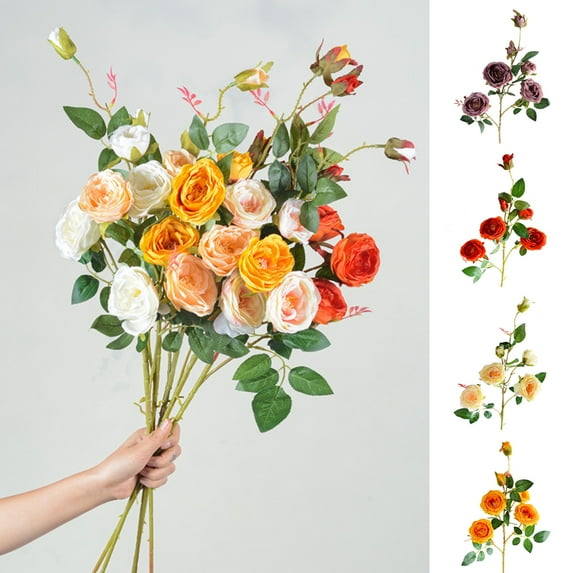sunsanly Artificial Rose Branch with Stem Green Leaves 6 Head Home Wedding Party Faux Flower Floral Arrangement Indoor Outdoor Garden Decoration Photo Props