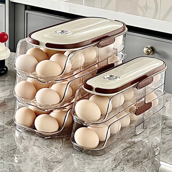 sunsanly Automatic Rolling Egg Container Fridge Storage Box Food Grade BPA Free Transparent Stackable Fridge Organizer with Lid