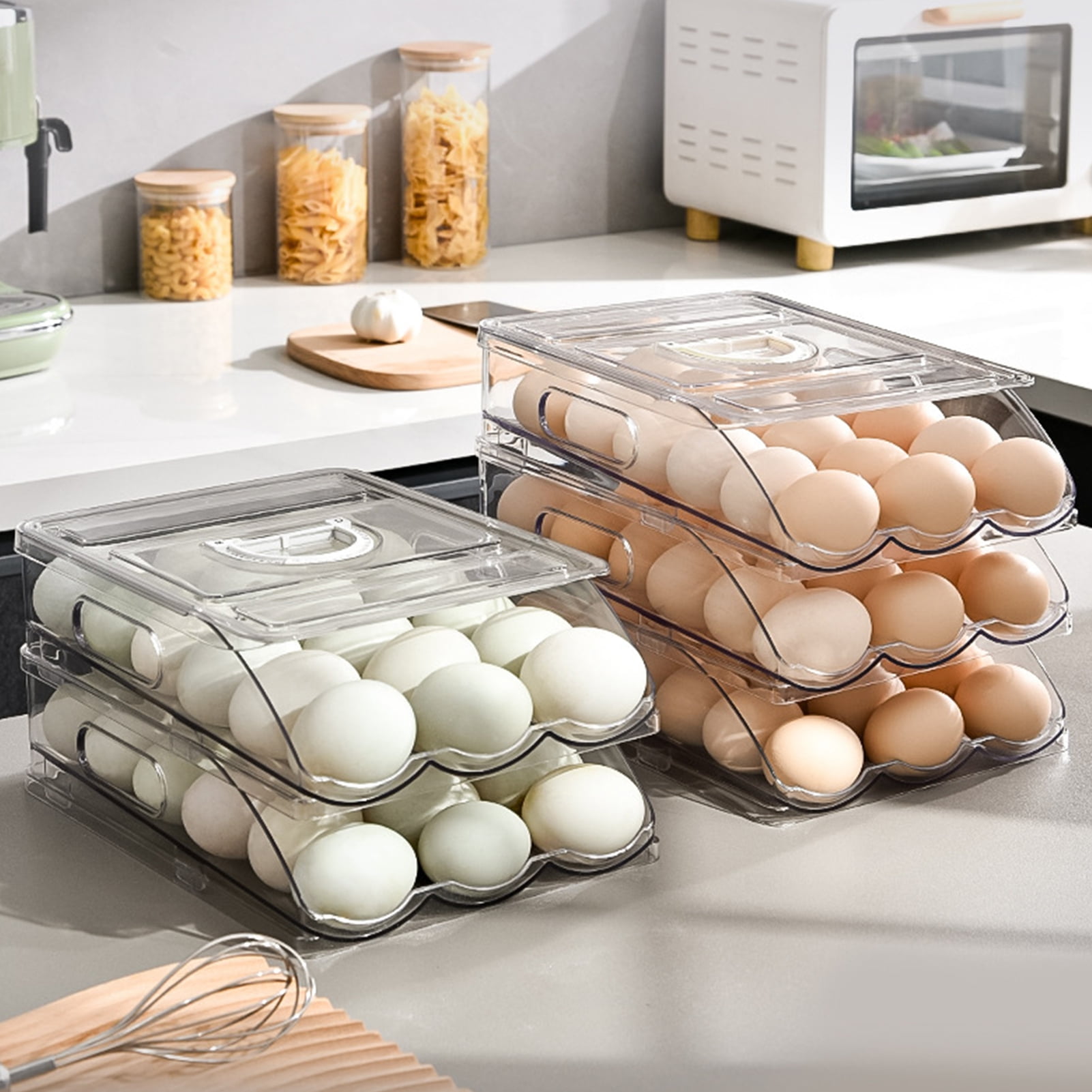 sunsanly Automatic Rolling Egg Organizer Storage Box BPA-Free Non-Slip Design Easy to Clean Transparent Stackable Egg Dispenser with Sturdy Lid