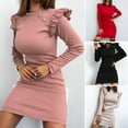 thumbnail image 1 of sunsanly Autumn Winter Office Lady Dress Ruffles Solid Color Commute Dress Slim Fit Knitted Basic Inside Dress Streetwear, 1 of 7