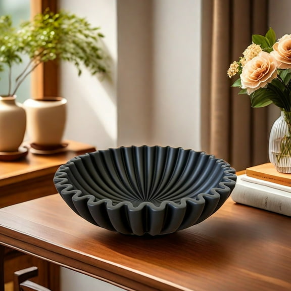 sunsanly Black Ruffle Decorative Bowl Modern Living Room Home Office Resin Fluted Bowl Coffee Table Bookshelf Centerpiece Desktop Decoration
