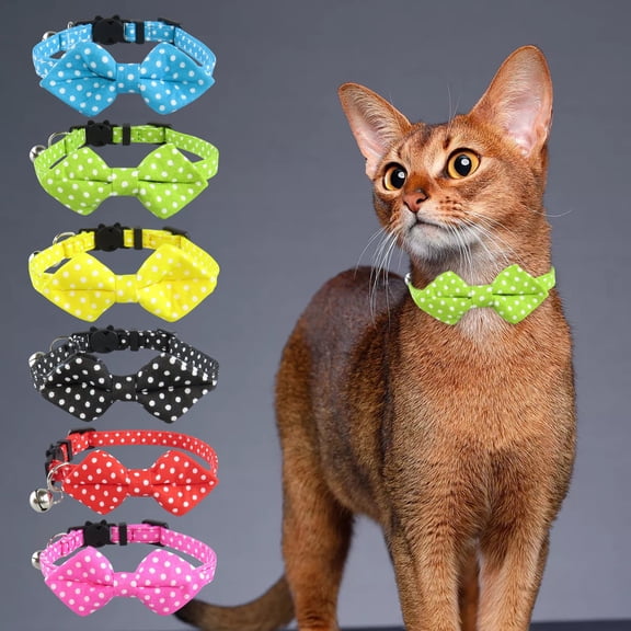 sunsanly Bowtie Cat Collar with Copper Bell Solid Color Polka Dot Adjustable Kitten Puppy Buckle Rust-Proof Skin-Friendly Pet Collar