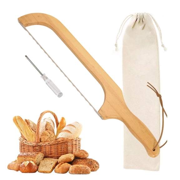 sunsanly Bread Slicer Set with Safety Screwdriver Stainless Steel Serrated Blade Beech Wood Handle Bagels Baguettes Cheese Fruit Slicer Kitchen Essential for Homemade Bread