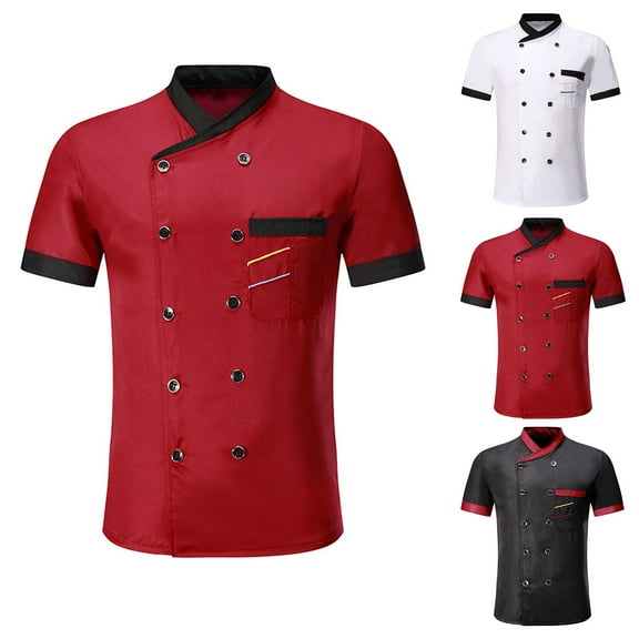 sunsanly Chef Shirt Double-breasted Patch Pocket Stand Collar Buttons Short Sleeves Cooking Restaurant Unisex Plus Size Chef Uniform Restaurant Garment