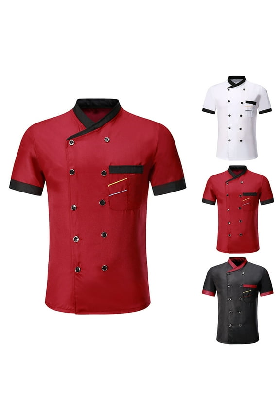 Chef Shirt Double-breasted Patch Pocket Stand Collar Buttons Short Sleeves Cooking Restaurant Unisex Plus Size Chef Uniform Restaurant Garment