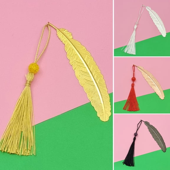 sunsanly Chinese Style Bookmark Feather Shape Metal Electroplated Bookmark with Tassel Decorative Book Mark Student Supplies