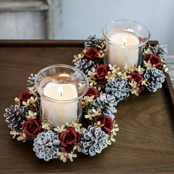 sunsanly Christmas Candle Ring Wreath Artificial Pine Cone Rose Candle Rings Handmade Table Decoration for Wedding Party Christmas Thanksgiving Decor