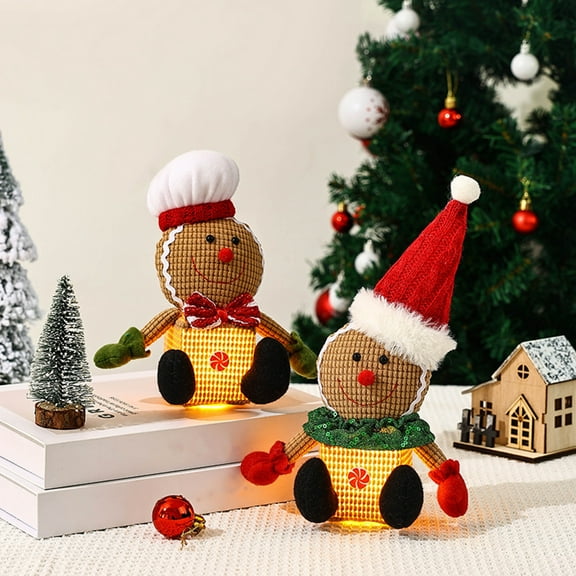 sunsanly Christmas Gingerbread Man Doll Decorations Light-up Gingerbread Man Ornament Plush Stuffed Xmas Doll Toy for Shelf Mantel Windowsill Decor