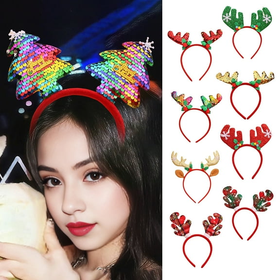 sunsanly Christmas Headband Sequins Antler Decor Hair Hoop Kids Adults Elastic Headband Festive Glitter Headwear