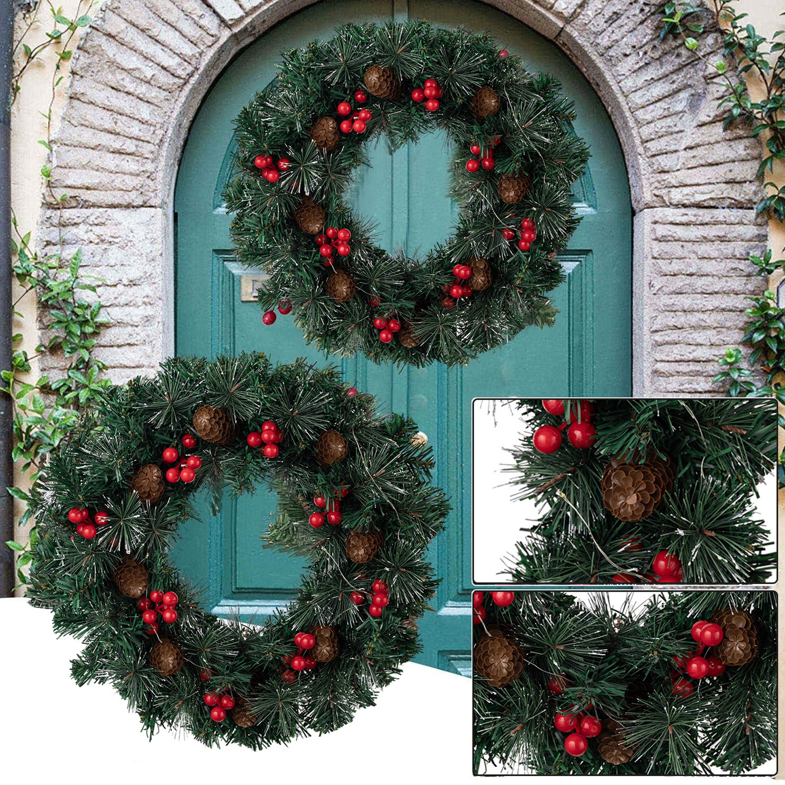 sunsanly Christmas Wreath Pine Needle Pinecone Wreath with Red Berry ...