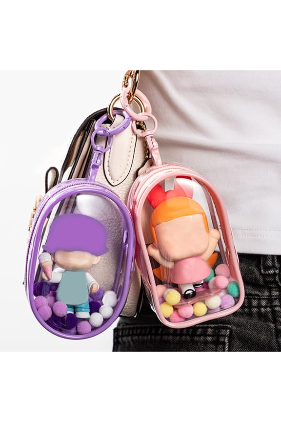 Clear Figure Display Bag with Keychain Large Capacity Dustproof Transparent Carrying Case Bag Pouch Keychain Charms