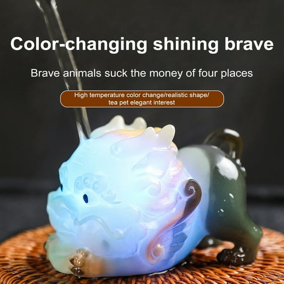 sunsanly Color Changing Tea Pet Pixiu Resin Lucky Statue Kung Fu Tea Tray Decor Light Up Feng Shui Ornament Home Office Desk Gift