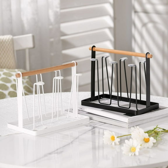 sunsanly Cup Holder Drying Rack Stand Metal Drainer Organizer with Wood Handle for Mugs Glasses Bottles Non-Slip 6 Cup Holder for Home Office Cafe Bar