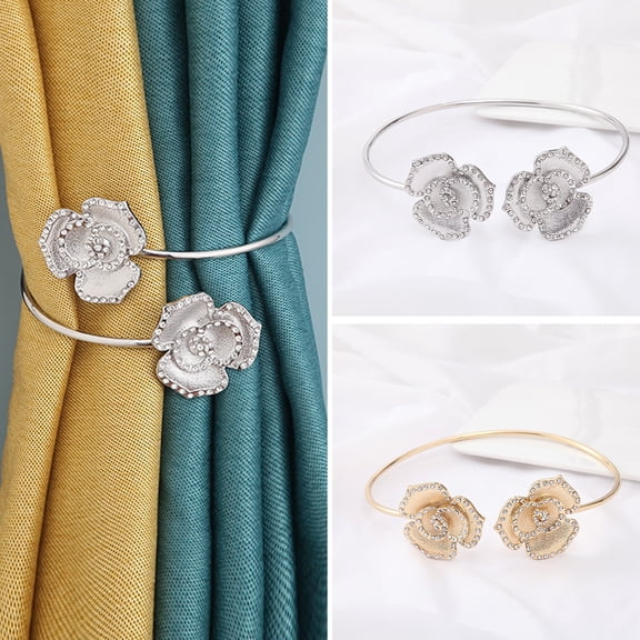 sunsanly Curtain Holder Punch-free Tension Adjustment Fixing Clamp Firmly Metal Coil Flower with Faux Diamonds Curtain Tieback Home Accessory