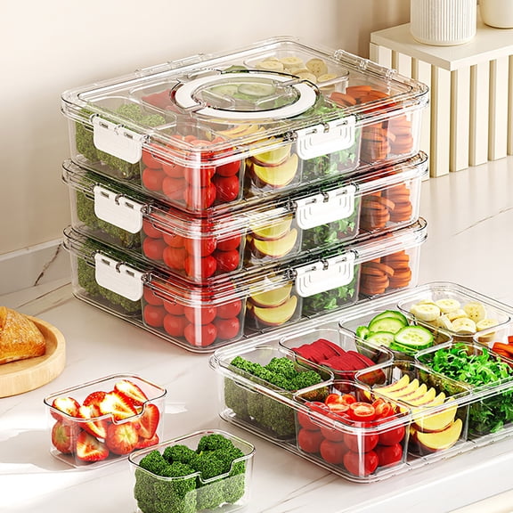 sunsanly Divided Serving Tray Food Storage Box Large Capacity Multiple Compartment Transparent Visible Good Sealing Snack Organizer with Handle