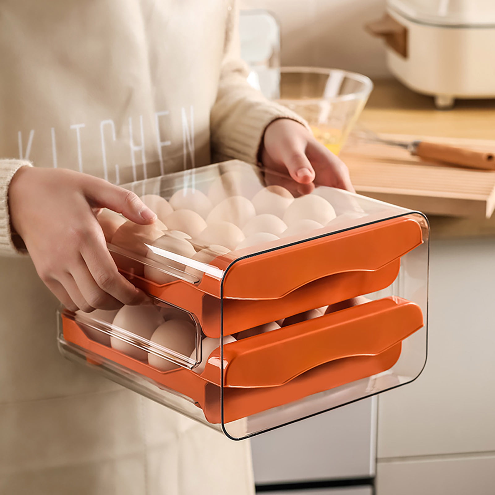 sunsanly Egg Storage Box Double Layers Transparent Visible 32 Grids Large Capacity Food Grade Pull Out Drawer Type Stable Stackable Kitchen Fridge Egg Container