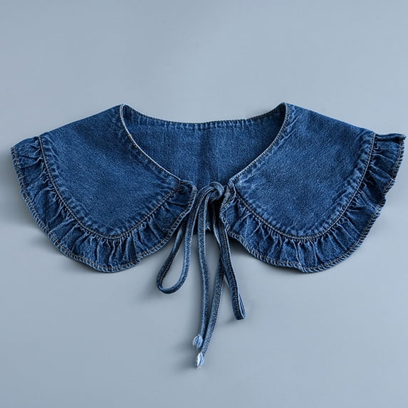 sunsanly Fake Collar Solid Color Ruffle Trim Lace-up False Collar Dress Shirt Collar Insert Removable Denim False Collar