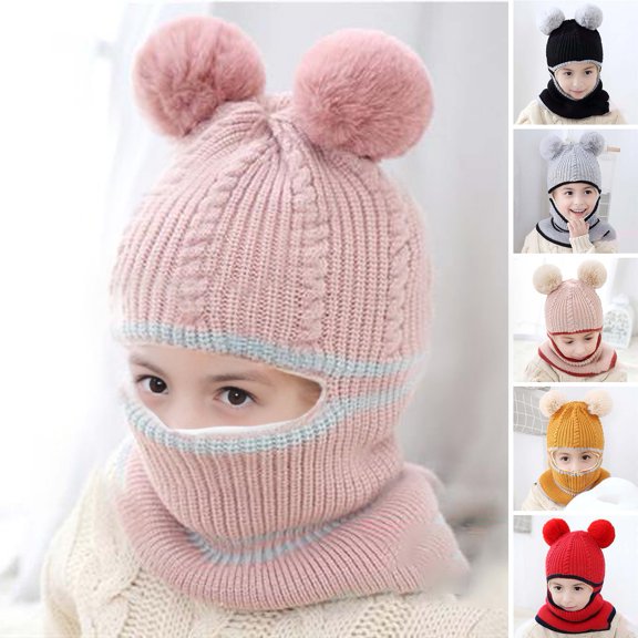 sunsanly Fall Winter Children Hat Knitted Thick Warm Soft Fur Ball Decor High Elasticity Full Protection Cold Resistant Unisex Winter Cap Headwear