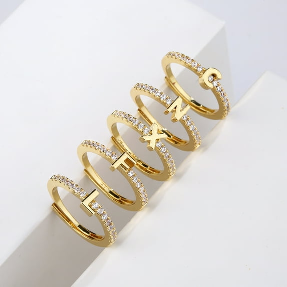 sunsanly Finger Ring Adjustable Opening 26 Alphabet Faux-diamond-set Geometric Inlay Sparkling Letter Band Ring Daily Wear