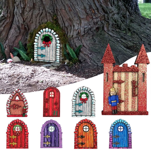 sunsanly Garden Tree Fairy Door Decoration Outdoor Miniature Wooden Elf Door Ornament Fairytale World Tiny House Door Figurine Statue Sculpture Fairy Garden Accessories