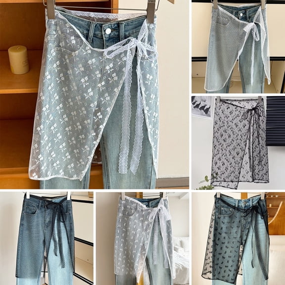 sunsanly Gauze Scarf Tie Up Thin Skirt Flower Embroidery See-through Lace Daily Commuting Dating Skirt Pants Pairing Stacked Apron Wrap