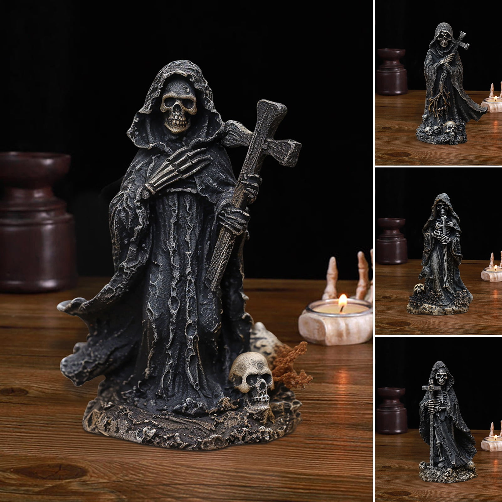 sunsanly Halloween Black Robe Skeleton Figurine Gothic Cross Skeleton ...