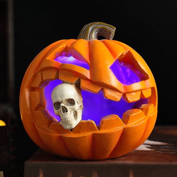 sunsanly Halloween Pumpkin Eating Skull Figurine with Lights Spooky Light-up Pumpkin Head Resin Statue Sculpture Home Office Desktop Decoration Ornament
