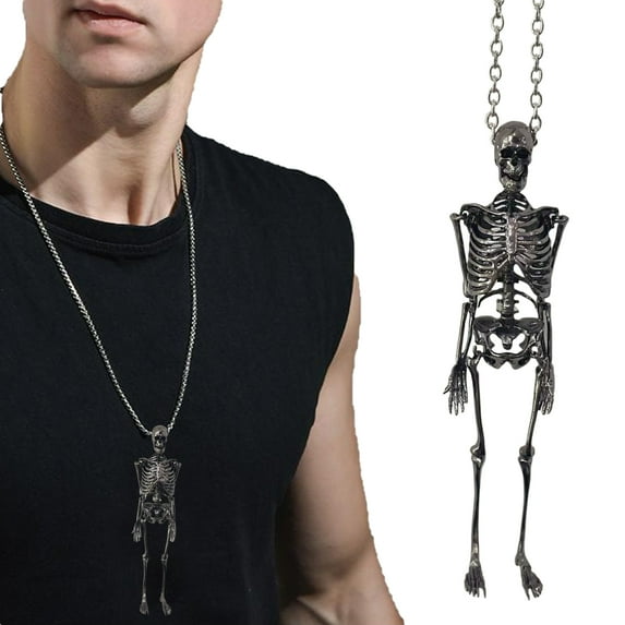 sunsanly Halloween Skeleton Necklace Movable Joints Gothic Vintage Metal Skeleton Hanging Decoration Chain Pendant Men Women Couple Necklace