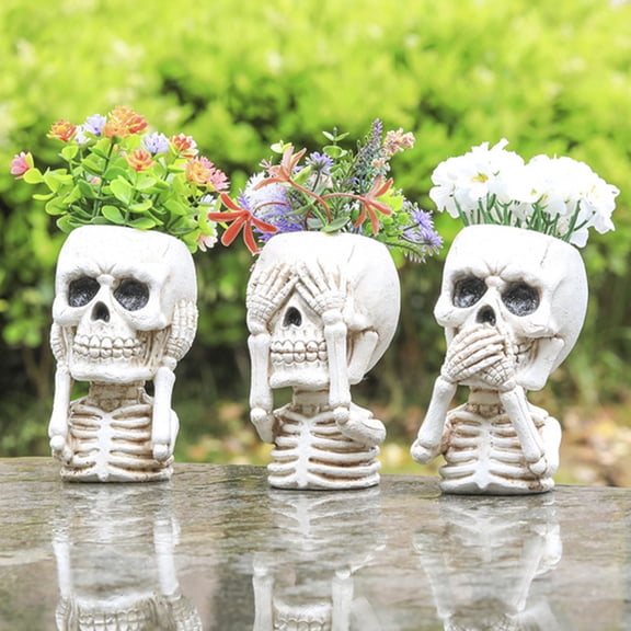 sunsanly Halloween Skull Planter Pot Resin Skeleton Figurine Flowerpot Indoor Outdoor Succulents Plants Container Home Balcony Garden Decoration