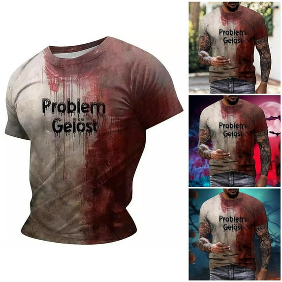 sunsanly Halloween T-Shirt Men Casual Crew Neck Blouse Blood Splash Pattern Shirt Horror Short Sleeve Top for Parties Cosplay And Movie Nights