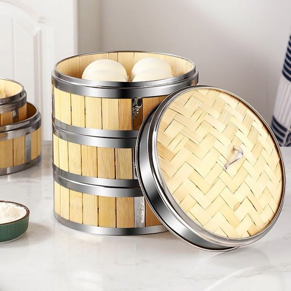 sunsanly Handmade Bamboo Steam Basket Dumpling Steamer Food Grade BPA Free Eco-friendly Buns Dumpling Bamboo Steamer with Lid