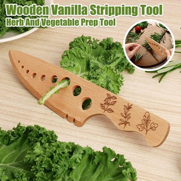 sunsanly Herb Stripper Wooden Vanilla Stripping Tool for Kale Collard Greens Thyme Basil Curved Edge Multi-holes Kitchen Gadget
