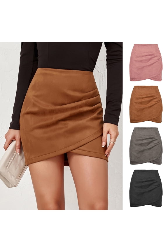 High-waist Hip Wrap Slim Fit Zipper Closure Mini Skirt Irregular Cross Pleated Suede Skirt Streetwear