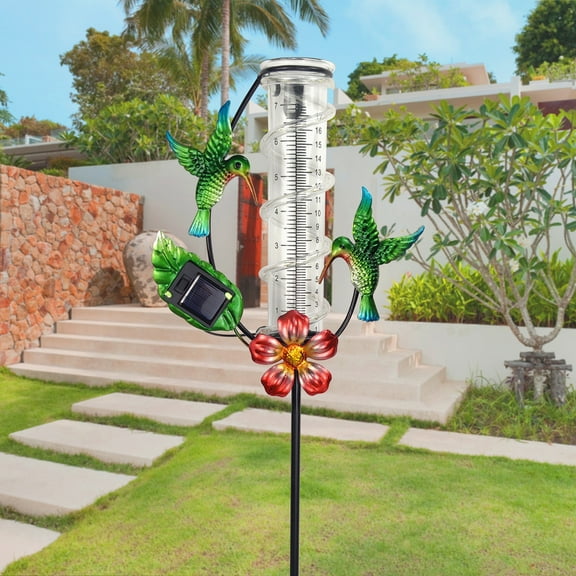 sunsanly Hummingbird Rain Gauge with Glass Tube Rustproof Metal Frame Solar Rain Gauge with LED Lights Decorative Rain Water Gauge for Garden Yard Precipitation Measurement