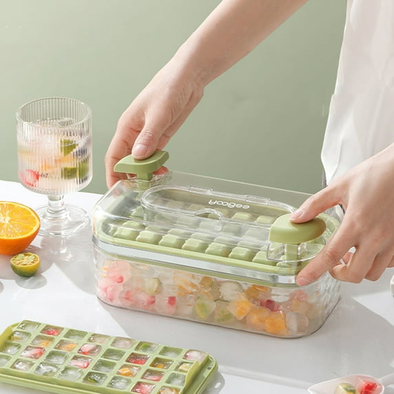 sunsanly Ice Tray with Lid And Bin Prevent Odors 32 Grids Ice Cube Trays Easy Release Push-type Ice Maker for Freezer Whiskey Cocktail Coffee Tea