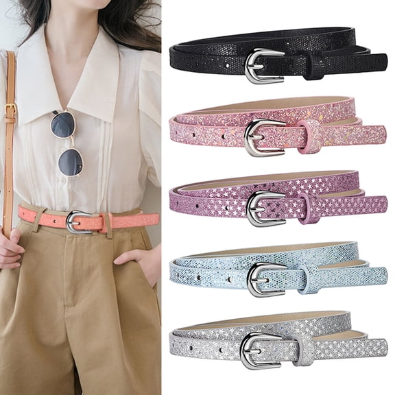 sunsanly Kids Belt Multi Holes Design Adjustable Length Waistband Jeans Dress Faux Leather Belt Sequin Decorated Accessory