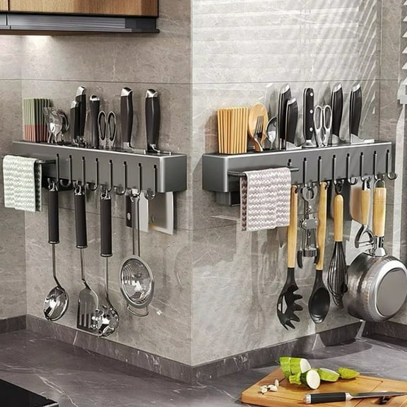 sunsanly Kitchen Cutlery Holder Wall Mounted Cutter Holder with Hooks Carbon Steel Cutter Storage Rack for Spoon Chopsticks Rust-Resistant Kitchen Utensil Organizer