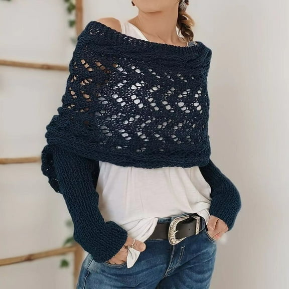 sunsanly Knitted Cable Wrap with Sleeves Solid Color Hollow Twist Crochet Pattern Women Shawl Scarf Bohemian Style Sweater Scarf