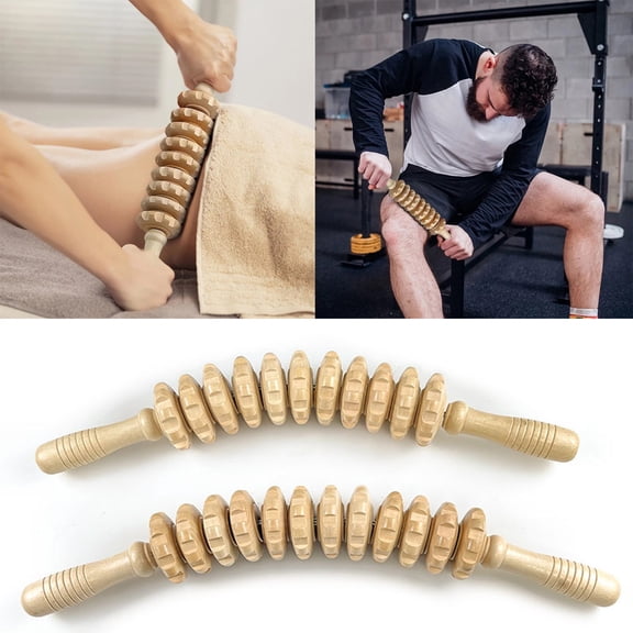 sunsanly Massage Roller Bending Design Non-slip Handle Wooden 11/12 Wheels Solid Wood Therapy Roller Daily Use