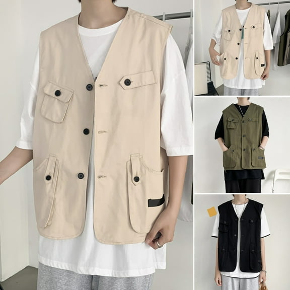 sunsanly Men Casual Waistcoat Collarless Sleeveless Buttons Closure Vest Coat Solid Color Multi Pockets Thin Style Outdoor Cargo Waistcoat