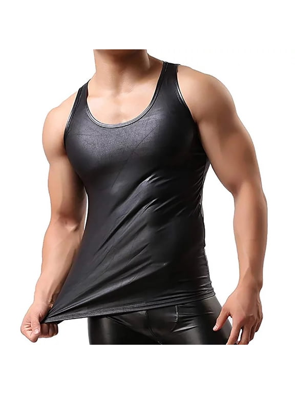 Men Club Vest Solid Color Smooth Surface Slim Fit Sleeveless Round Neck Cooling Breathable Faux Leather Plus Size Club Tank Top Men Clothes
