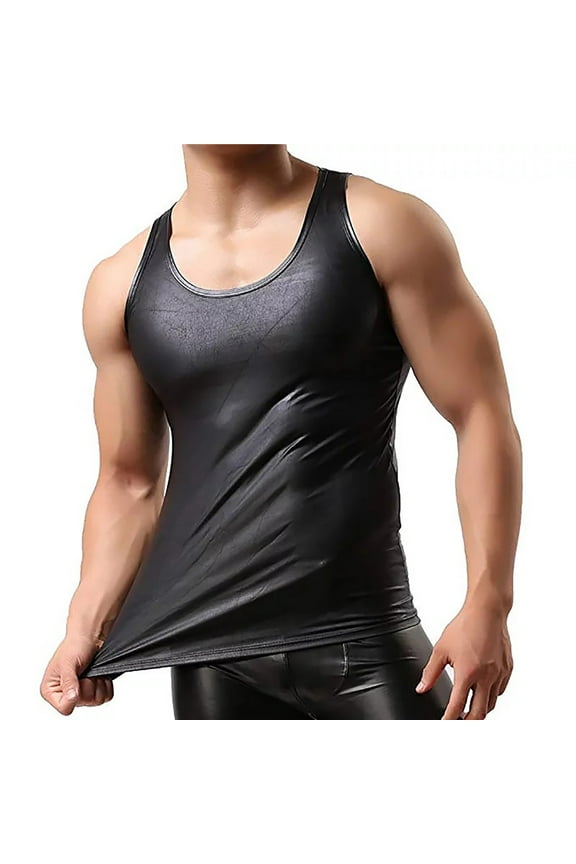 Men Club Vest Solid Color Smooth Surface Slim Fit Sleeveless Round Neck Cooling Breathable Faux Leather Plus Size Club Tank Top Men Clothes
