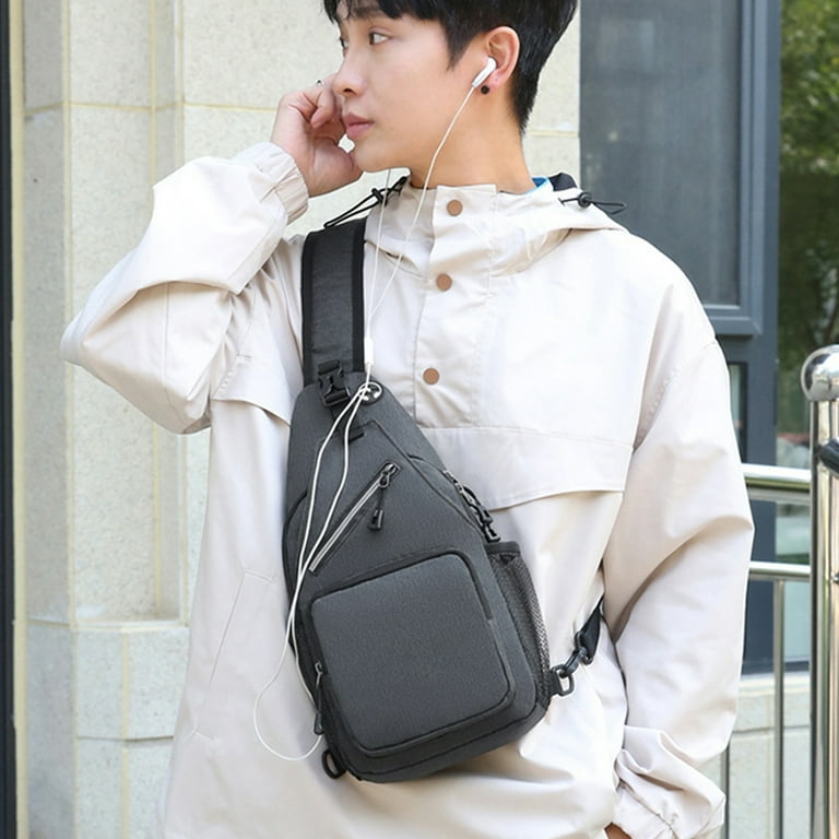 sunsanly Men Crossbody Chest Bag Sports Bag with Hidden Earphone Hole Zipper Closure Large Capacity Chest Bag Sling Backpack